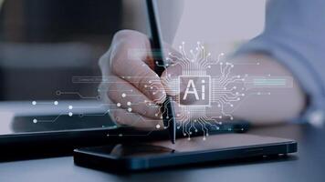 Ai technology, Artificial Intelligence. man using technology smart robot AI, artificial intelligence by enter command prompt for generates something, Futuristic technology transformation. Chat with AI video