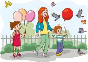 Happy family walking in the city park. Father, mother, son and daughter together outdoors. illustration in cartoon style vector