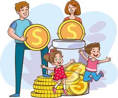Family puts money in the piggy bank. Little father, mother and child investing in future flat illustration. Savings concept for family budget, banner, website design or landing web page vector