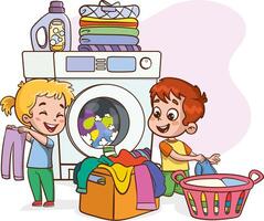 Happy little childrens doing daily chores with washing machine, holding a basket full of laundry. vector