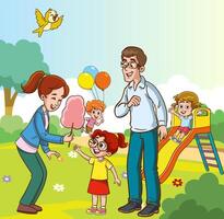 contento familia caminando en el ciudad parque. padre, madre, hijo y hija juntos al aire libre. ilustración en dibujos animados estilo vector