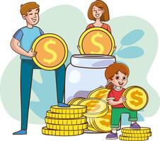 familia pone dinero en el cerdito banco. pequeño padre, madre y niño invertir en futuro plano ilustración. ahorros concepto para familia presupuesto, bandera, sitio web diseño o aterrizaje web página vector