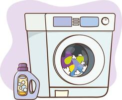 lavandería máquina con Lavado ropa y lino ilustración, plano dibujos animados estilo lavadora con cestas de lino y detergente, concepto de Doméstico tareas del hogar Servicio clipart vector