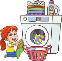 Happy little childrens doing daily chores with washing machine, holding a basket full of laundry. vector