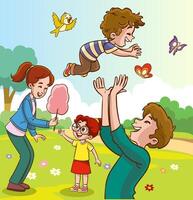 contento familia caminando en el ciudad parque. padre, madre, hijo y hija juntos al aire libre. ilustración en dibujos animados estilo vector