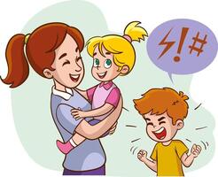 Sad and angry child looking at his mother holding her baby. child is jealous of his mother flat illustration. Sibling rivalry concept for family relationship, banner, website design or landing vector