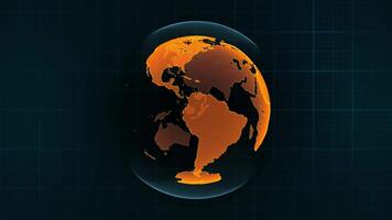 Rotating orange hologram of the earth on a dark blue grid background. Seamless loop animation for internet connections , digital technology , data flow and broadcast visualisation , 4k , 60 fps video