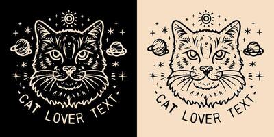 Cat and celestial galaxy elements spiritual girl and mystical occult cat lover concept enlightened mystic and witchy kitten portrait drawing with text space for logo and shirt design clothing vector