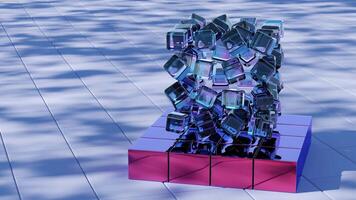 une sculpture fabriqué de verre cubes sur une bleu carré video