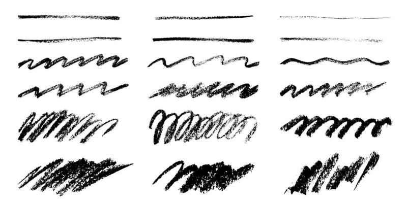 Hand drawn charcoal squiggles and lines set. Doodle Chalk smears. Sketchy lines collection with rough edges