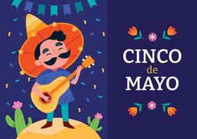 mexicano Mariachi músico con guitarra para cinco Delaware mayonesa día festivo. vector