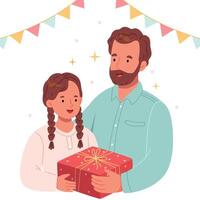 Dad gives a gift to his daughter. Birthday. Festive mood. Pastel colors. Hand draw.Dad gives a gift to his daughter. Birthday. Festive mood. Pastel colors. Hand draw. vector