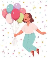 Happy girl jumps with happiness and holds balloons in her hands.Birthday. Festive mood. Pastel colors. Hand draw. vector