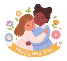 illustration of multicultural girls. Multicultural friendship.Best friends.Hug Day. vector