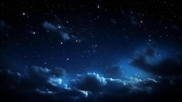 Dramatic night sky background with glowing stars and dynamic cloud formations photo