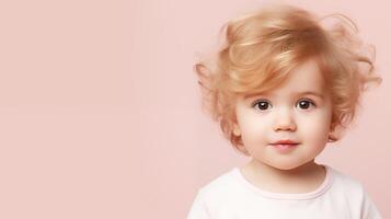 Studio portrait of toddler with curly blonde hair and copy space for ads photo