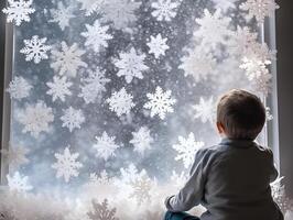 A boy looks out of a window decorated with paper snowflakes, view from the back photo