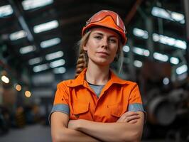 Focused female engineer in orange safety gear at manufacturing plant photo