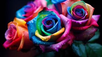 Vibrant rainbow roses bouquet with water droplets on dark background photo