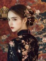 Elegant asian woman in embroidered black attire with floral hair accessory photo