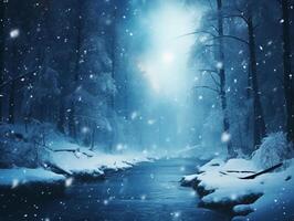 cuento de hadas bosque cubierto con nieve en el luz de la luna. invierno paisaje. nuevo año concepto foto