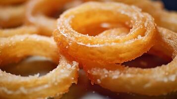 Extreme close-up of fried onion rings. Food photography photo