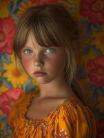 Young girl in yellow dress against floral backdrop portrait photo