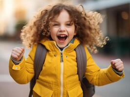 retrato de un alegre caucásico pequeño niña en su primero colegio día foto