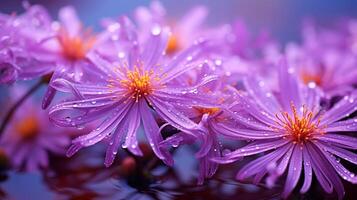 Close-up of purple aster flowers with dew drops on petals photo