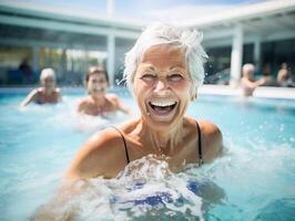 activo mayor mujer disfrutando agua ajuste clase en un piscina. el concepto de activo vida en antiguo años foto