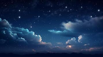 Starry night background with cloud formations over silhouetted mountains photo