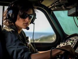 Female pilot at work close-up. Woman career concept photo