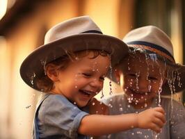 Two kids laughing and playing with water in hats on a sunny day photo