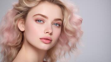 Portrait of beautiful young woman with blong hair, blue eyes, plump lips, naive facial expression. Natural beauty with glowing healthy skin. Advertising of cosmetics, perfumes photo