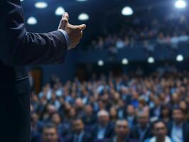 Business conference speaker with thumbs up and blurred background photo