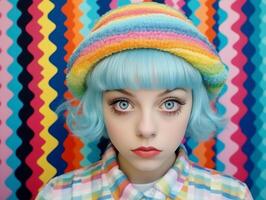 Portrait of girl with blue hair wearing a rainbow hat against a colorful zigzag background photo