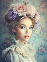 Victorian-inspired young woman with pastel flowers in her styled hair photo