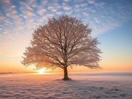 Tree in a field with snow and sunset. Calm winter landscape photo