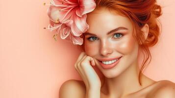 Portrait of a joyful redhead with floral decoration and copy space photo