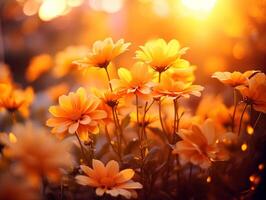 Orange flowers basking in the fiery glow of a summer sunset photo