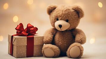 Navidad decoración, oso de peluche con un regalo de cerca en borroso antecedentes foto