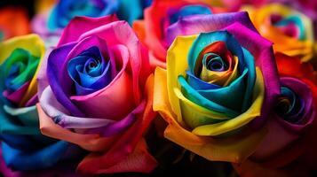 Rainbow-colored roses with water droplets on a vibrant background photo