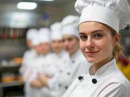 joven mujer cocinero con acogedor sonrisa en un profesional cocina foto
