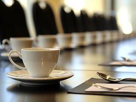 Coffee cup on boardroom table with business meeting in blurred background photo