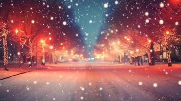 Blurred winter street at night in Christmas glow photo