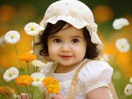 Curly-haired toddler girl in white dress holding flowers in summer photo