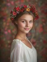 Young girl with red floral headpiece poses before an intricate backdrop photo