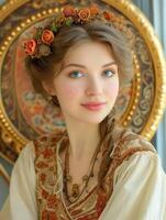 Young woman with autumnal floral headpiece in traditional embroidered dress photo