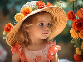 linda pequeño niña en un Paja sombrero con rosas de cerca. concepto de primavera o Hora de verano foto
