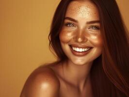 Portrait of a young woman with freckles and a radiant, joyful smile with copy space background photo